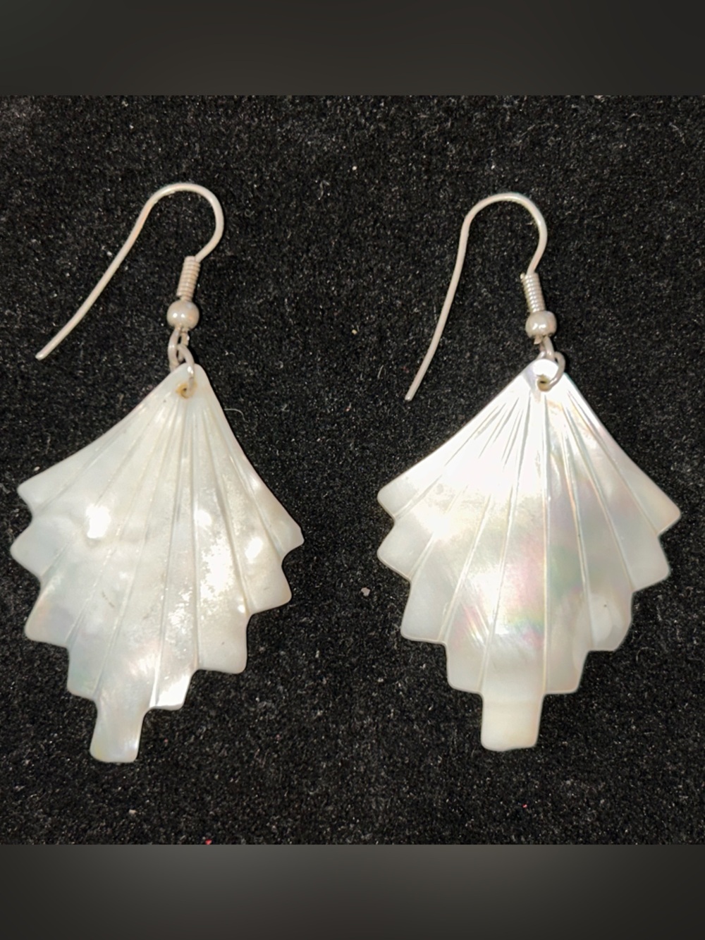 Iridescent Mother of Pearl Shell Fan Dangle Earrings Vintage Women Jewelry